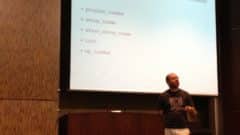 Developer presenting WordPress hooks and initialization sequence at WordCamp Miami 2013.