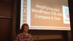 Speaker presenting WordPress CSS optimization techniques using Compass and Sass at WordCamp Miami 2013.