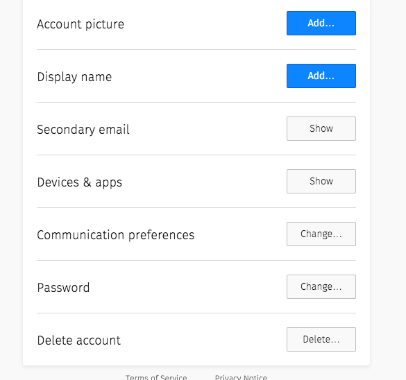 Firefox account page with delete account button