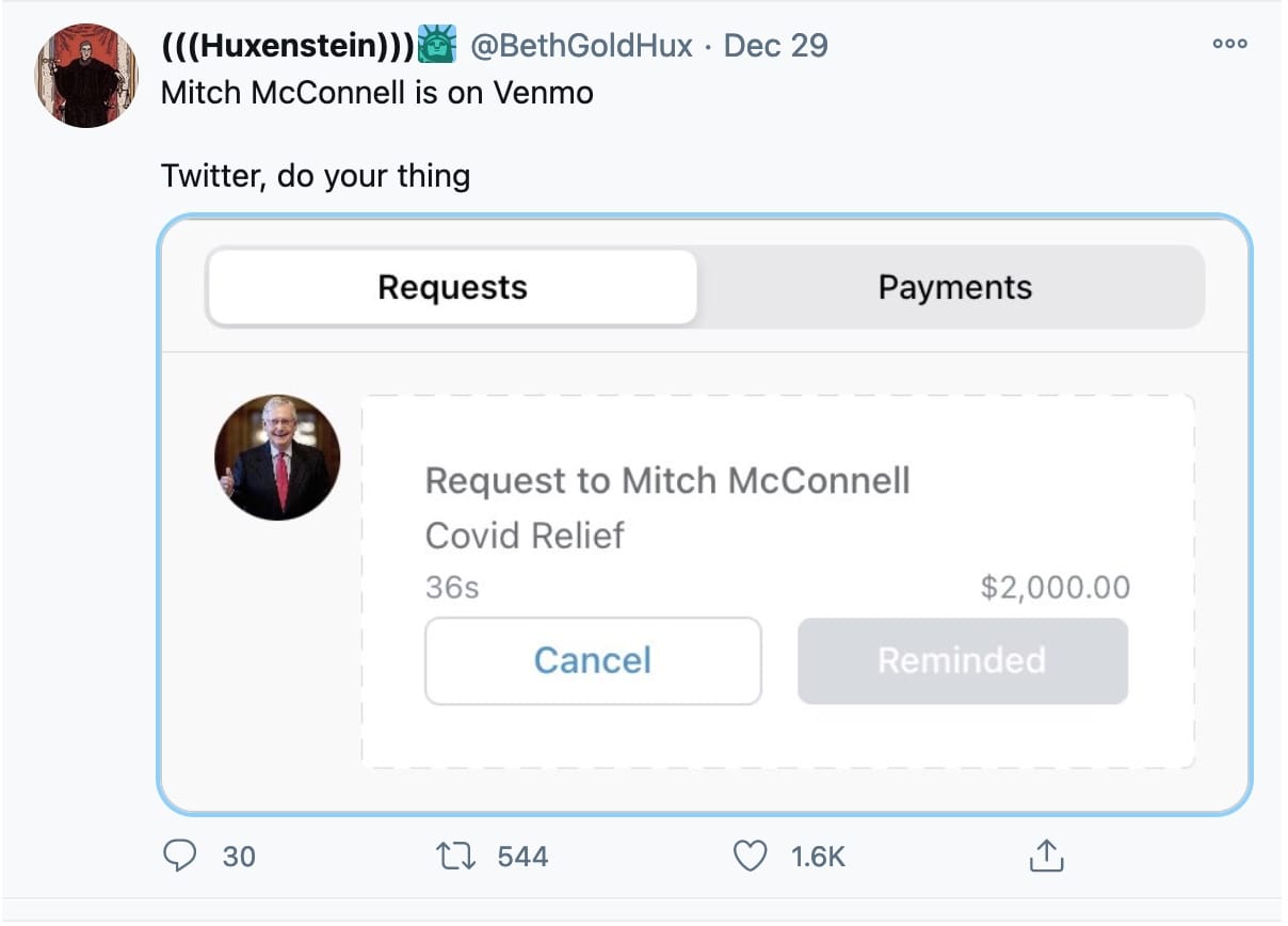 a screenshot of a Venmo request for $2000 to Mitch McConnell with the text