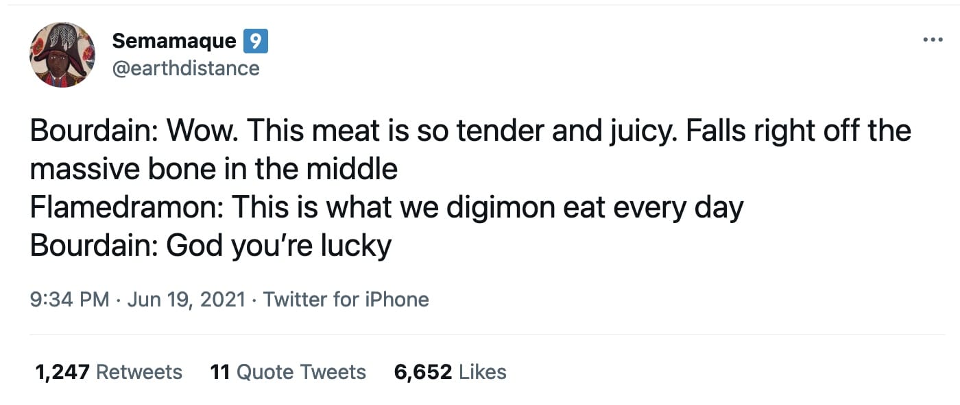 Tweet by Semamaque comparing Bourdain's reaction to tender digimon meat with Flamedramon's casual acceptance of it as daily food.