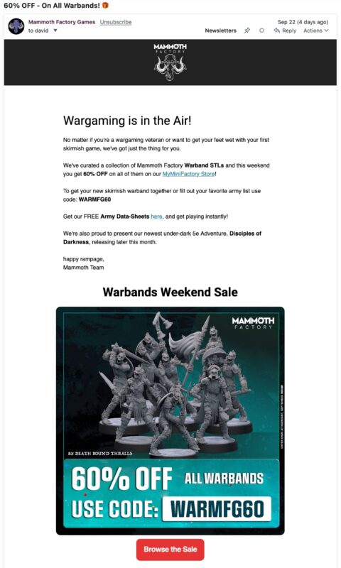 Screenshot of Mammoth Factory's newsletter with the headline, "Wargaming is in the air!"