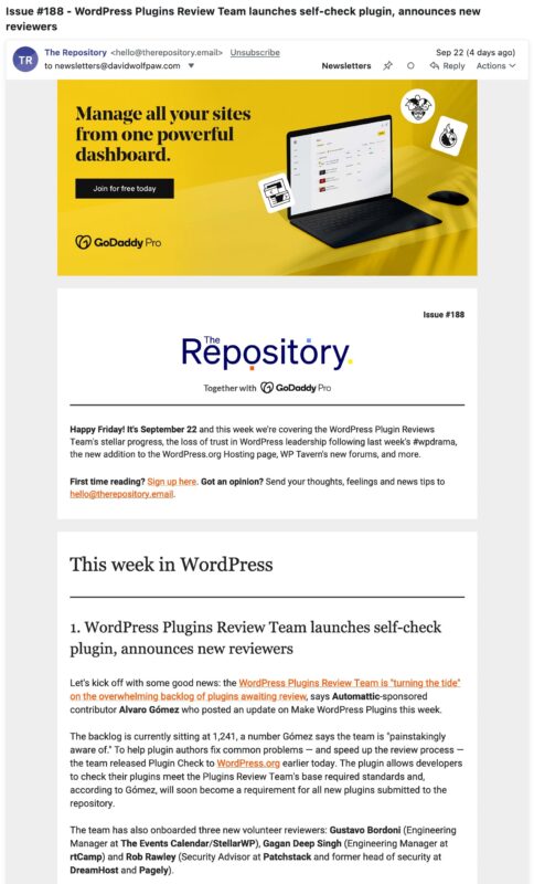 Screenshot of The Repository newsletter with the headline, "Issue #188 - WordPress plugin review team launches self-check plugin, announces new reviewers"