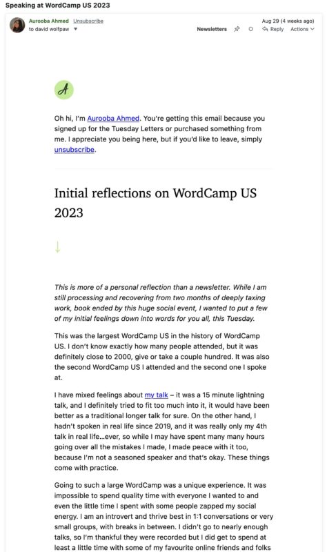 Screenshot of Aurooba Ahmed's newsletter with the headline, "Initial reflections on WordCamp US 2023"