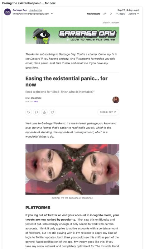screenshot of Garbage Day newsletter with the headline, "Easing the existential panic... for now"