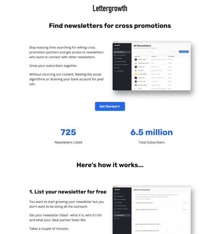 screenshot of lettergrowth.com website showing steps to get started