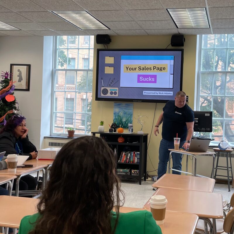 Nick Adams giving the presentation "Your Sales Page Sucks" at WordCamp Rochester 2023