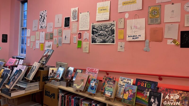 A display of books and comics and artwork at Bureau of General Services Queer Division in NYC