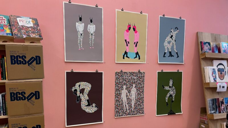 A display of prints and book boxes at Bureau of General Services Queer Division in NYC