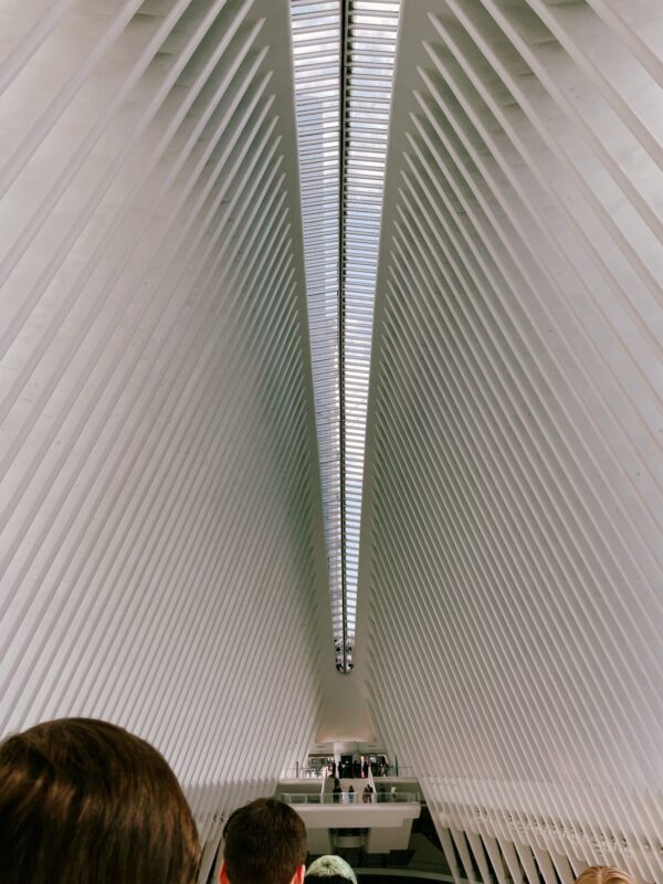 A view from the interior of the WTC subway station in NYC, showing the interior of the whale tail design