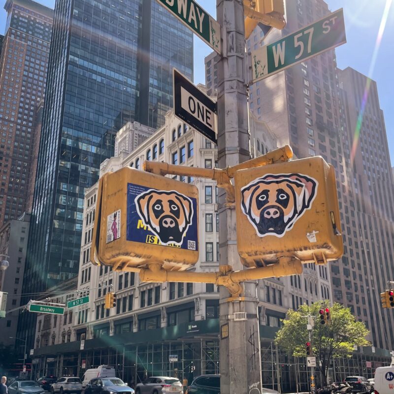 stickers of a dog head on the backs of crosswalk lights in NYC