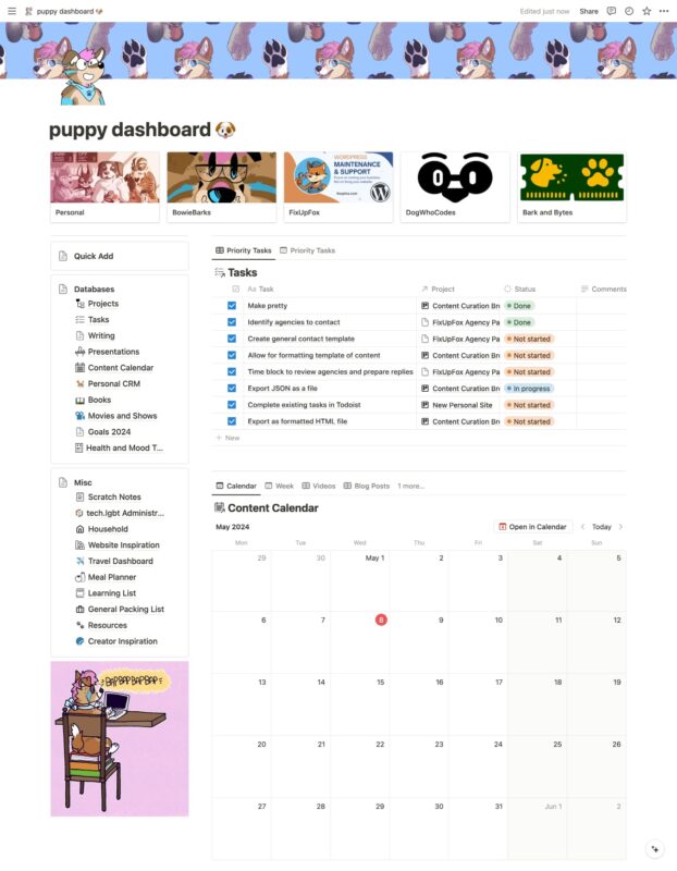 a screenshot of david's personal Notion dashboard, showing life areas, databases, notes, tasks, and a calendar