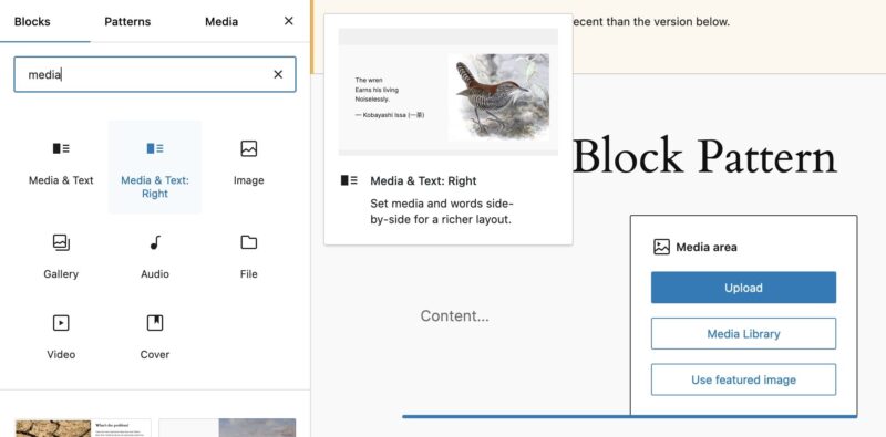 Backend of the editor showing a Block Variation of a Media & Text block