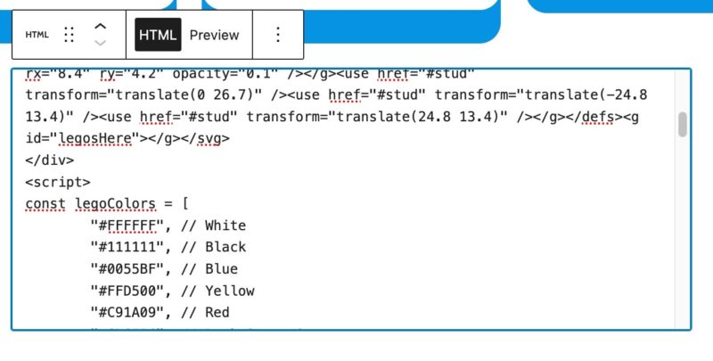 The Custom HTML block showing HTML and JavaScript code