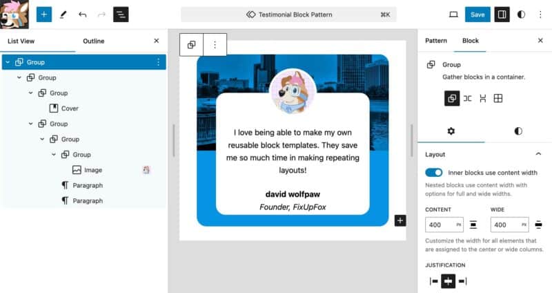 The Block Pattern editor in the WordPress editor, showing a custom testimonial block being made