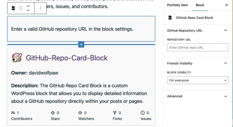 Backend of WordPress editor showing two versions of a custom Github Repo Card Block
