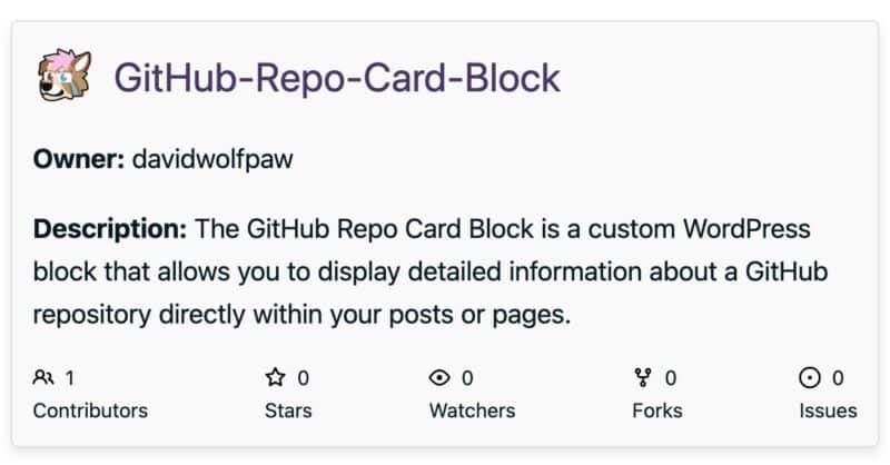 Frontend of WordPress editor showing a custom Github Repo Card Block