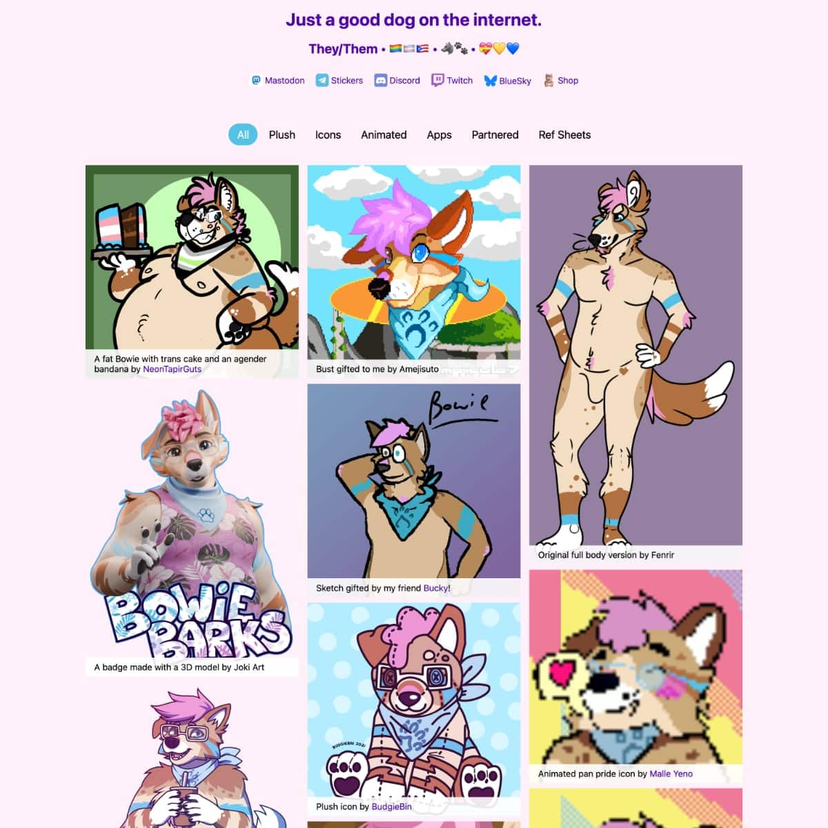 Gallery of fan art featuring Bowie, a furry character, including illustrations, plushies, badges, and icons in various artistic styles.
