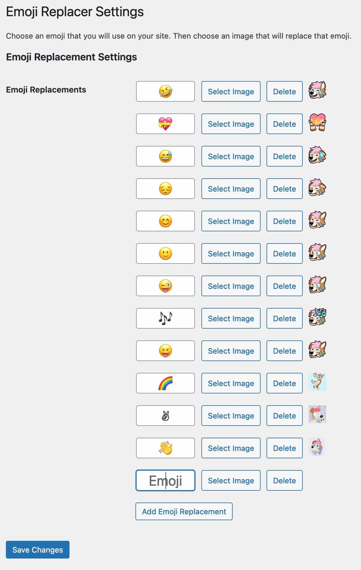 Settings panel for replacing emojis with custom images on a website, showing 13 emoji-to-image mappings with select and delete options.