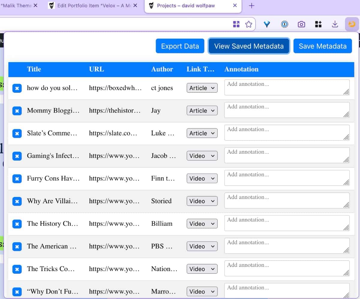 Portfolio project management table displaying curated links with titles, URLs, authors, content types, and annotation fields.