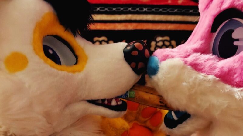 Two people in colorful animal costumes are facing each other, holding a cardboard tube between their mouths. The costume on the left is predominantly white with yellow accents and a large eye, while the one on the right is pink with a blue nose and features. Both costumes have exaggerated, cartoon-like eyes and facial features. A decorative background with black, red,