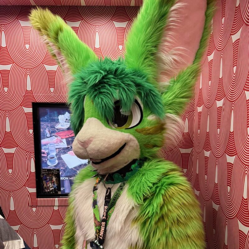 A person is wearing a vibrant green and white furry costume with large ears and a pink interior, resembling a rabbit-like creature. The character has expressive eyes and a friendly smile. They are standing in front of a wall with a bold red and white geometric pattern. The costume includes a lanyard with badges and a name tag. In the background,