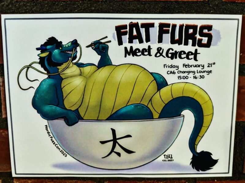 The image is a poster for a Fat Furs Meet & Greet event. It features an illustrated, plump dragon lounging in a large bowl, using chopsticks to eat. The dragon is blue with a yellow underbelly and has a playful appearance. The text reveals the event is on Friday, February 21st at the CA