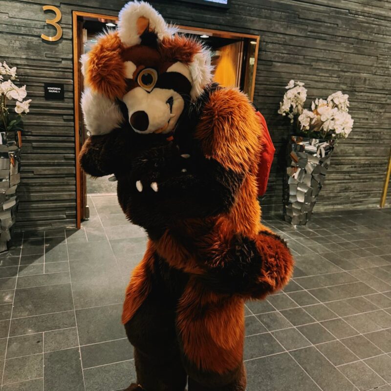 A person is dressed in an orange and brown furry costume resembling a red panda, complete with a fluffy tail and large ears. They are standing indoors, playfully posing with their hands crossed. The background features a dark wood-paneled wall, decorative white flowers in a tall, modern vase, and a door labeled with the number 3. The flooring