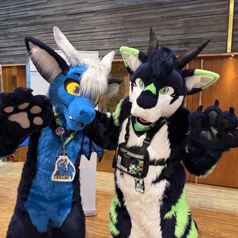 Two people in vibrant animal costumes pose indoors. The costume on the left is blue with large ears, horns, yellow eyes, and fluffy white hair, adorned with badges. The one on the right is white with black and neon green details, large ears, horns, and green eyes, wearing a black harness with patches. They both extend their arms outward