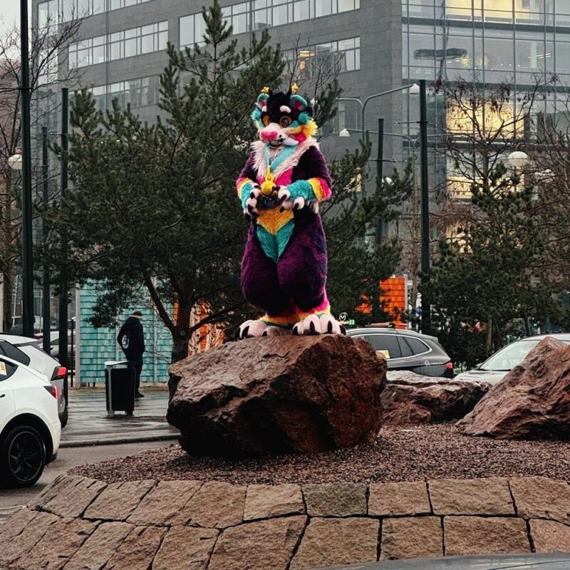 A person wearing a colorful furry costume stands on a large rock in an urban setting. The costume is purple with bright accents of blue, yellow, pink, and red, featuring large paws and a vibrant, whimsical design. The background shows a city environment with a modern building and parked cars. Trees and streetlamps are visible, and the sky is