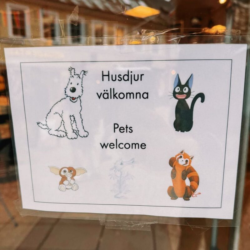 A sign on a glass surface reads Husdjur välkomna and Pets welcome in black text. It features colorful illustrations of various animated animals, including a white dog, a black cat, a furry creature with large ears, a small dragon, and a playful red panda. The sign is secured with transparent tape at the corners,