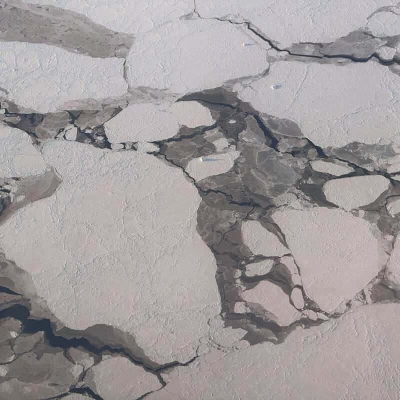 Aerial view of fragmented sea ice floating on a body of dark water. Large white ice floes are separated by irregular, winding channels of exposed water. The scene showcases a contrast between the solid white ice and the dark, nearly black water, creating an abstract pattern. The texture of the ice appears rough, with some floes having cracks and rid