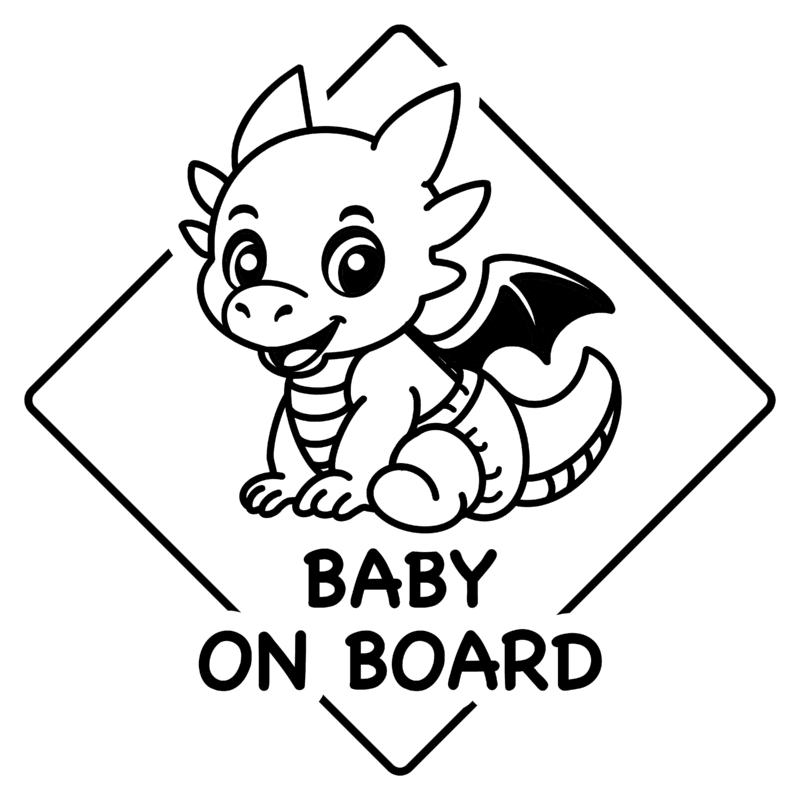 A cute cartoon dragon with large eyes and a friendly smile is seated inside a diamond-shaped frame. The dragon has small wings, and its tail is curled around its body. Below the dragon, the text reads Baby on Board. 