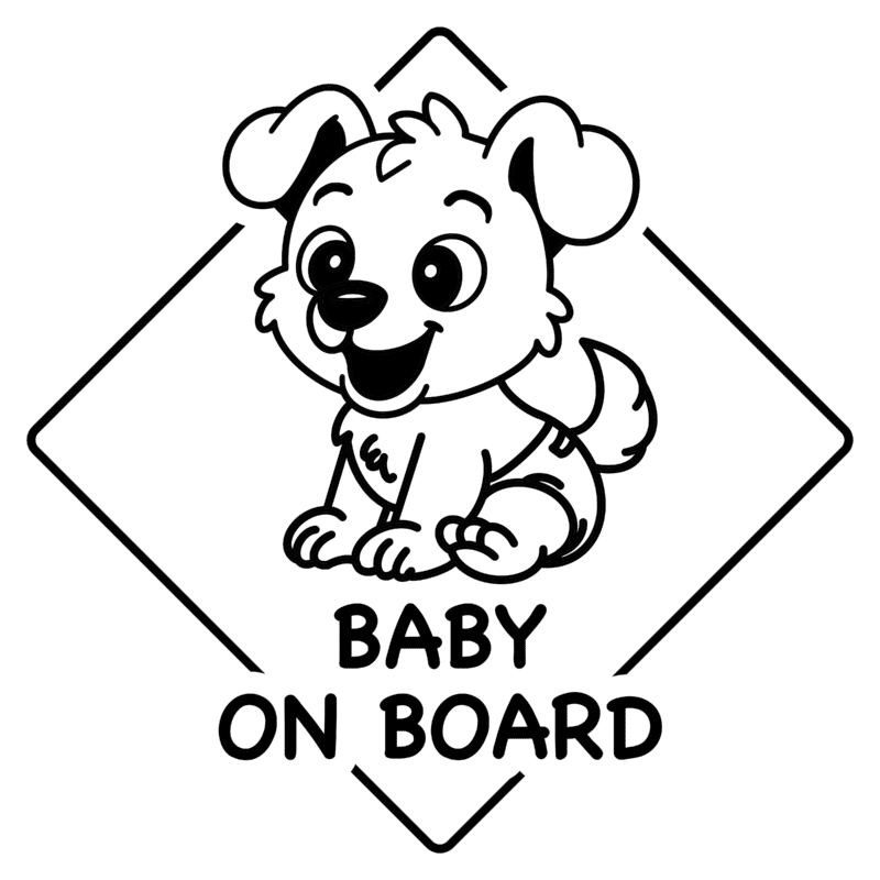Illustration of a cute cartoon puppy sitting inside a diamond-shaped sign. The puppy has big, happy eyes, floppy ears, and a wagging tail, giving a cheerful expression. Below the puppy, the text reads Baby On Board.