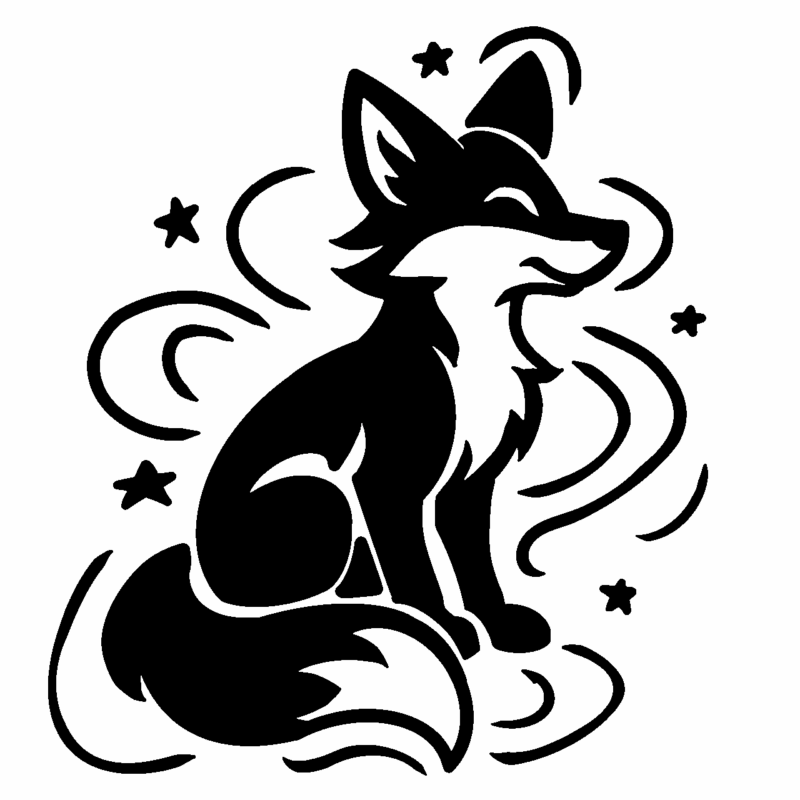 A black and white drawing of a fox with swirls and stars surrounding them