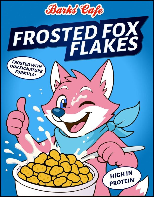 The image features a cereal box design for Bark's Cafe Frosted Fox Flakes. It shows a cheerful cartoon pink fox wearing a blue bandana, holding a spoon and giving a thumbs-up. The fox is winking and smiling, next to a bowl of cereal with milk splashing around. The cereal is labeled Frosted with Our Signature Formula! and High in Protein!