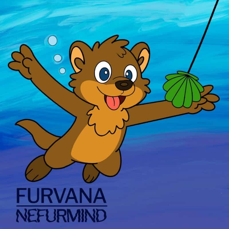 A cartoon otter with a joyful expression is underwater against a blue background. It swims upward, reaching for a green leaf that dangles from a line. Bubbles rise near its head. The otter is brown with a lighter brown chest and lively eyes. In the lower left corner, the words Furvana and NeFurMind are in the bottom left, like the Nirvana Nevermind album