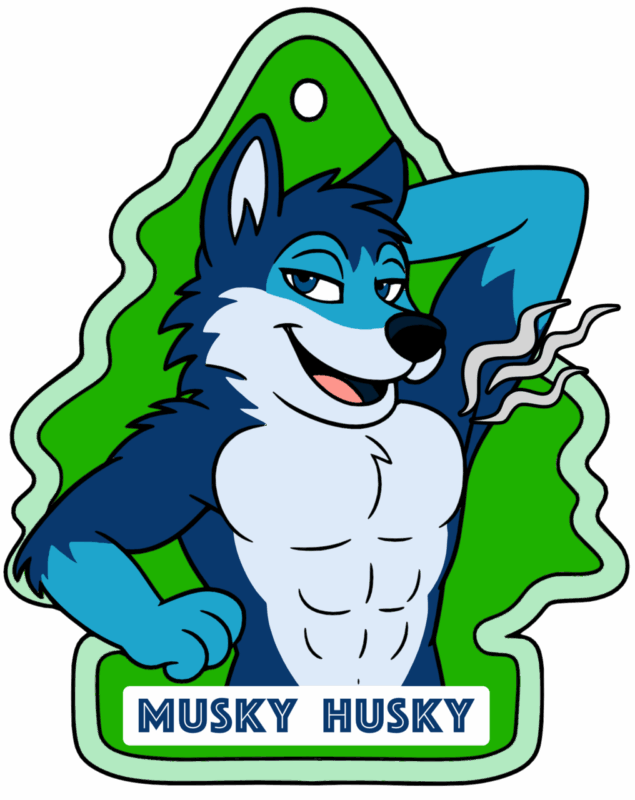 This image depicts an anthropomorphic husky character striking a confident pose, with one arm behind its head. The husky is blue and white, with a muscular torso and a cheeky smile. It's outlined as an air freshener, with a green tree shape in the background. Waves of scent are illustrated emanating from the husky. At the bottom is the text Musky Husky