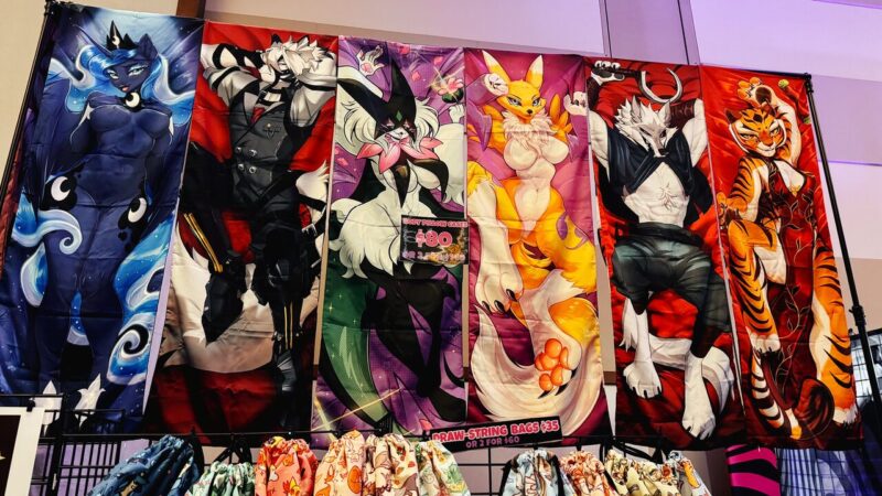 A display of five vertically hanging body pillowcases featuring vibrant, anthropomorphic characters in dynamic poses. From left to right: a blue-furred character with swirling patterns, a white-haired character in a dapper outfit, a black and white character with pink accents, a fox-like character in orange and cream, and a muscular white character with horns. Below