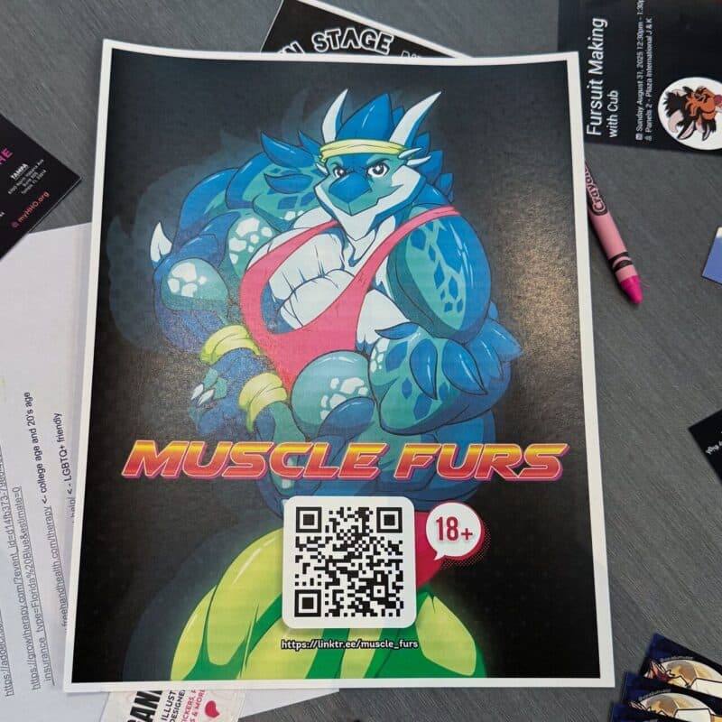The image shows a flyer for Muscle Furs featuring an anthropomorphic blue dragon character with muscles, wearing a pink tank top and a yellow headband. The dragon has blue scales and horns. Below the character, the text MUSCLE FURS is displayed in bold, stylized letters with a QR code and an 18
