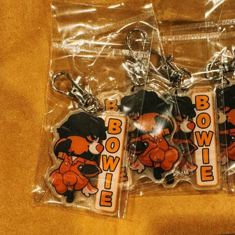 Plastic-wrapped keychains featuring a cartoon dog wearing an orange jumpsuit and black hat, holding a microphone. The word BOWIE is vertically on one side in bold orange lettering. The keychain clips are silver. The background surface appears to be a soft, golden-brown fabric.