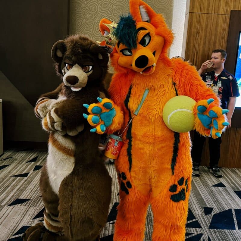 Two people are dressed in vibrant animal costumes. The one on the left is in a brown bear suit with folded arms and a playful expression. The character on the right is in an orange canine outfit, adorned with a glittery crown and holding a large tennis ball. Their paws have blue pads. They are inside a room with patterned carpet and walls.