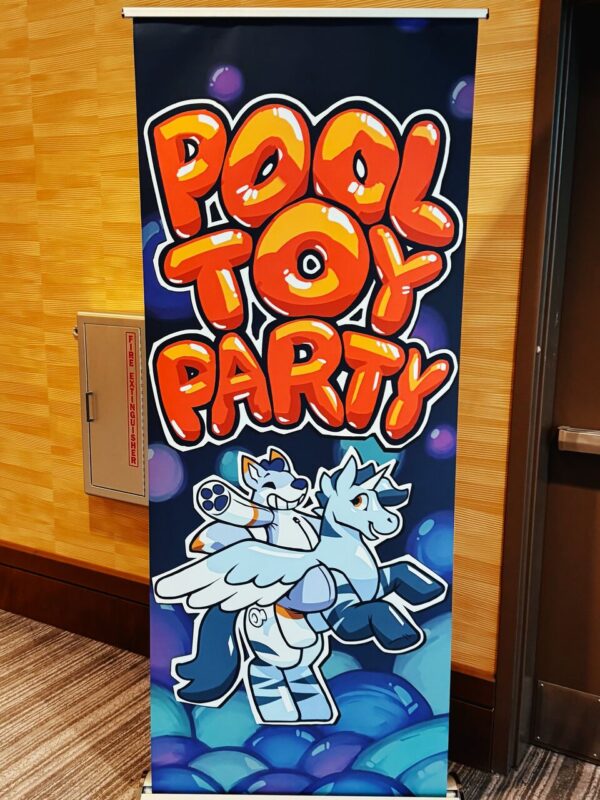 A colorful vertical banner with bold, shiny orange text reading Pool Toy Party against a dark background with abstract bubbles. Below the text, two cartoon characters are depicted: a smiling blue and white winged horse with an inflatable appearance, and a playful blue and white fox-like creature holding a large water gun. The setting is indoors with a wooden wall