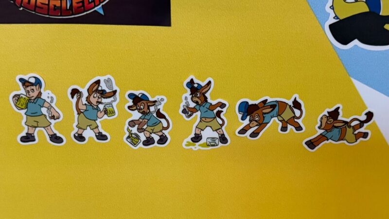 A series of six cartoon stickers illustrates a character transforming from a human into a donkey. Initially, the character is a man wearing a blue shirt, shorts, and a cap, holding a frothy mug. In each subsequent sticker, he gains more donkey features including ears, a tail, and hooves, while his snout elongates. By the