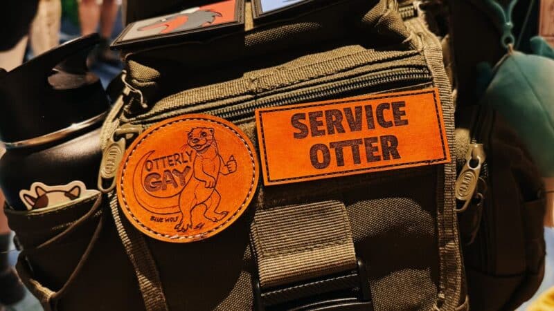 A close-up of a khaki fabric bag featuring two patches. The first patch is a circular design with a playful otter illustration and the words Otterly Gay in bold text. The second patch is rectangular and reads Service Otter in bold capital letters. A black water bottle with stickers is partially visible attached to the bag.