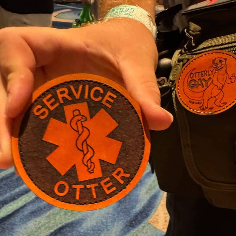 A hand is holding a circular patch with an orange border and text reading Service Otter. The patch features a medical symbol with a snake wrapped around a staff. In the background, there's a backpack adorned with another orange patch depicting a cartoon otter giving a thumbs-up, with the words Otterly Gay on it. The patches are
