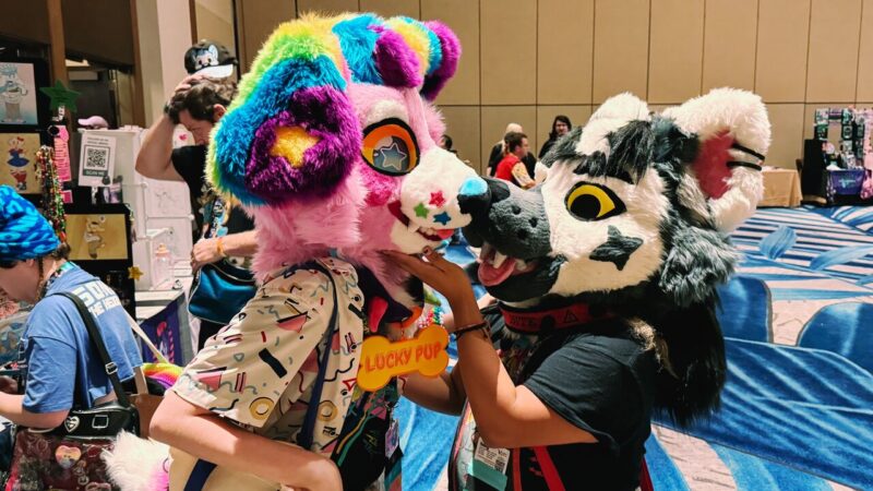 Two people wearing colorful animal fursuits face each other in a playful manner. The left suit is bright with rainbow colors and a star design on the cheek, labeled Lucky Pup. The right suit is monochrome with yellow eyes and a star on the cheek. They are in a convention setting with tables and artworks in the background. Other attendees are