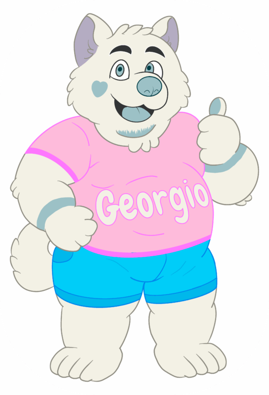A cute cartoon character resembling a bear, with fluffy white fur, is shown in a friendly pose. It has light blue eyes, a round blue nose, and light blue heart-shaped mark on its cheek. The bear is wearing a bright pink t-shirt with Georgio written on it and blue shorts. It is smiling widely and giving a