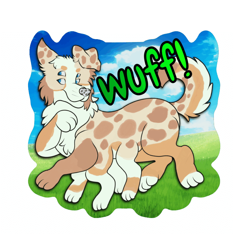 A playful cartoon dog with brown and white spots is depicted against a sunny, grassy landscape with a bright blue sky and scattered clouds. The dog has large ears and a fluffy tail, showing a joyful expression. Above the dog's wagging tail, the word wuff! is written in bold, green bubble letters, suggesting the dog is barking or ex