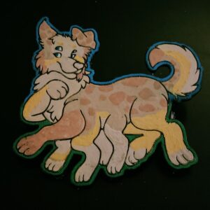 A cartoon-style image of a playful dog with a fluffy tail and floppy ears. The dog has light brown spots on a creamy coat, with accents of yellow and orange. Blue outlines highlight its features, giving it a vibrant appearance. The dog is positioned as if in motion, with its front paws lifted and a cheerful expression. It seems to be smiling